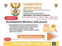 Department of Cooperative Governance is recruiting Community Development Workers [x22 posts]
